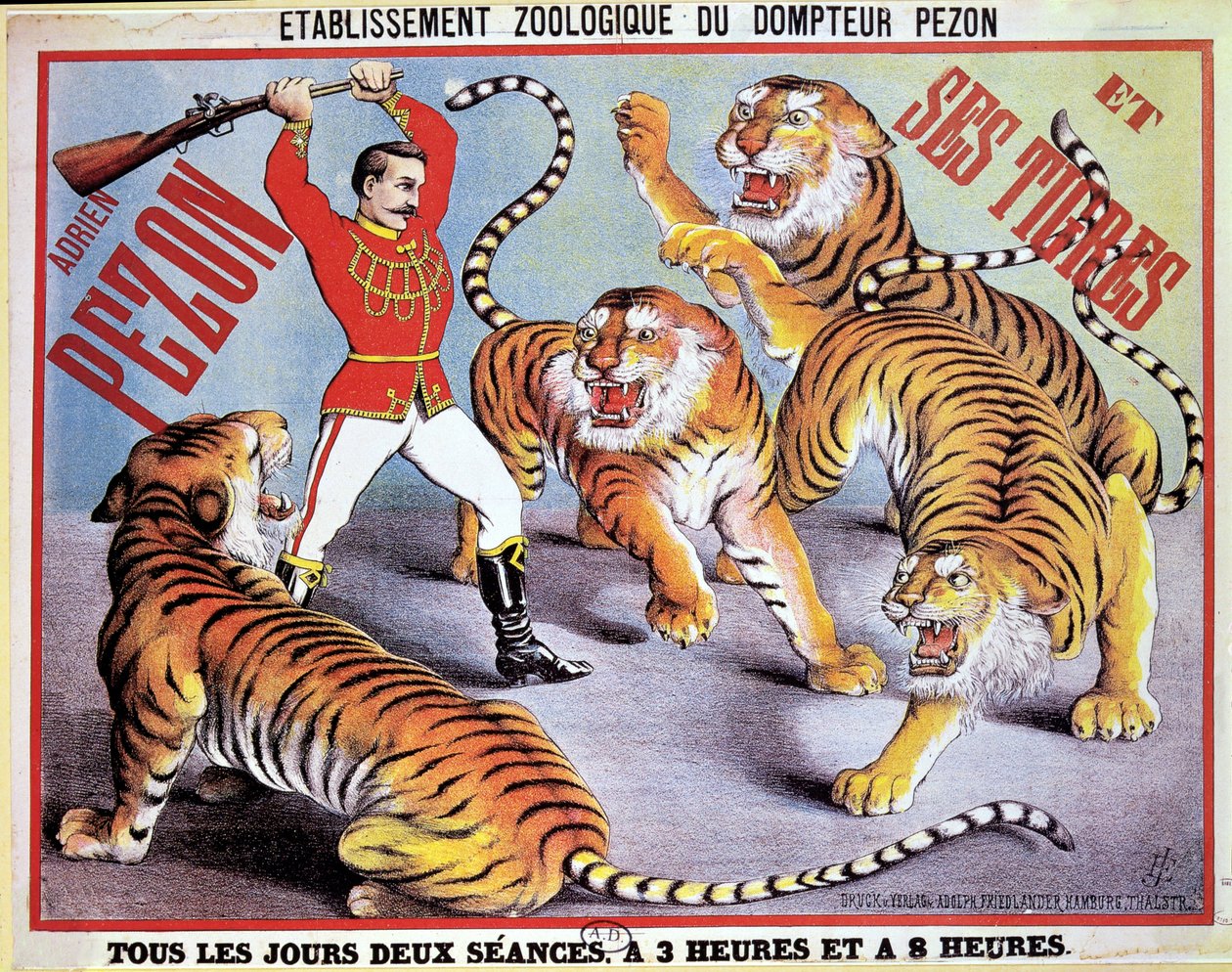 Plakat, der reklamerer for Adrien Pezon og hans tigre, ca. 1897 af French School