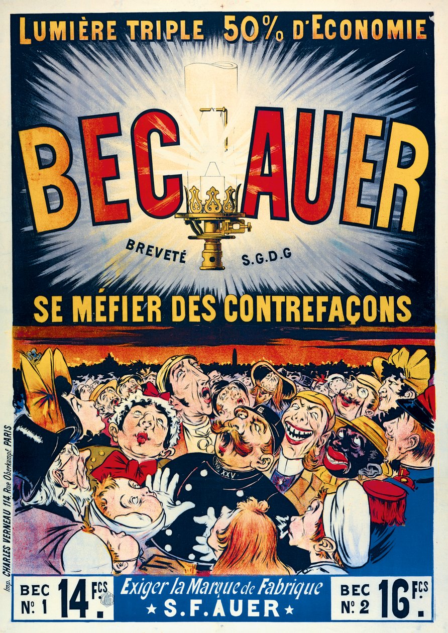 Plakatreklame Becauer petroleumslamper, trykt af Charles Verneau, 1890 af French School