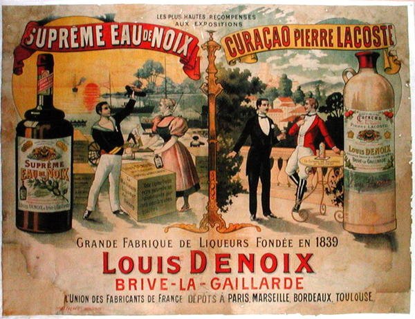 Plakat med reklame for "Eaux de Noix" og "Curacao, Pierre Lacoste", franske likører, fremstillet af Louis Denoix (litografi i farver) af French School