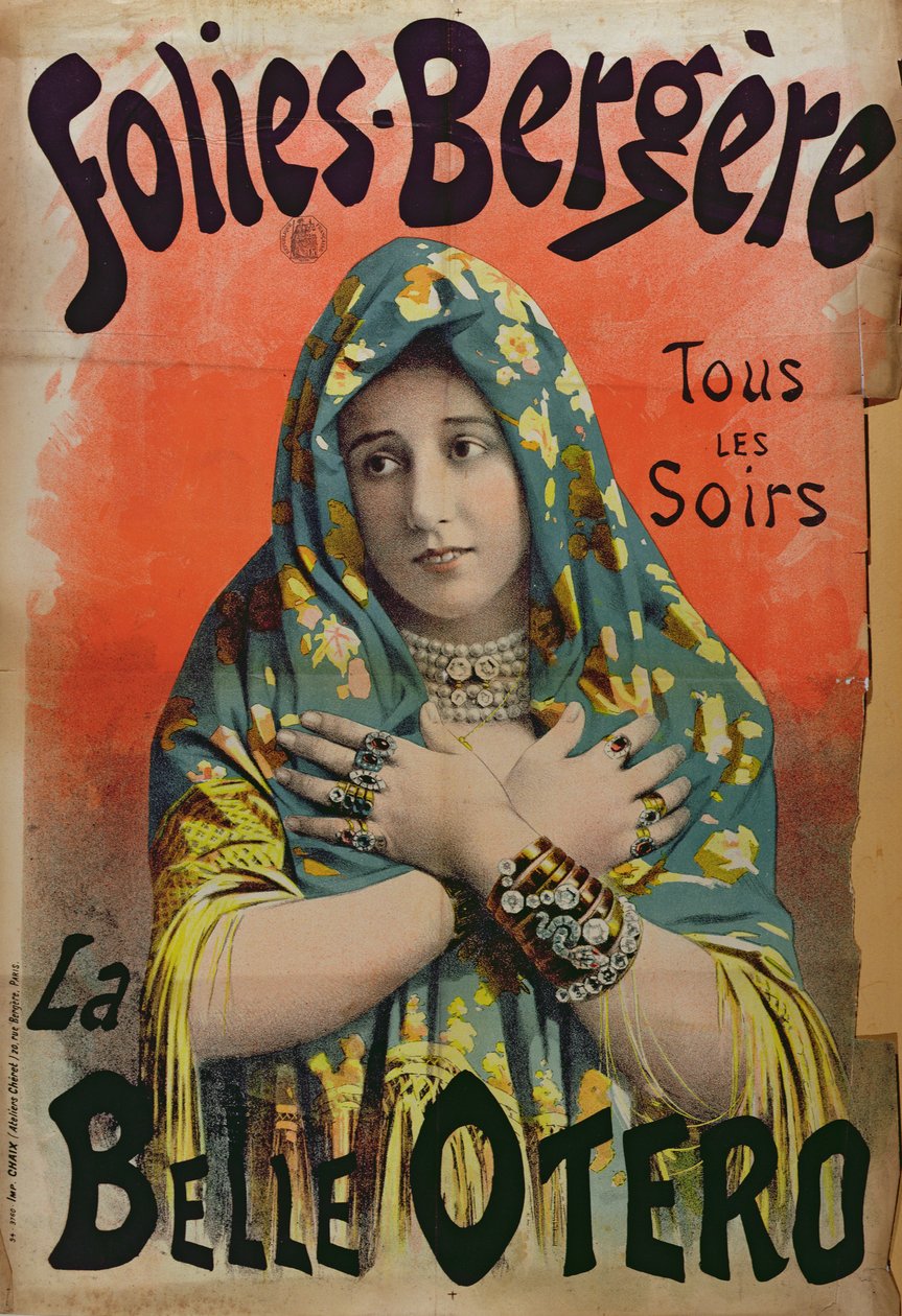 Plakat, der reklamerer for La Belle Otero på Folies Bergere, ca. 1892-94 af French School