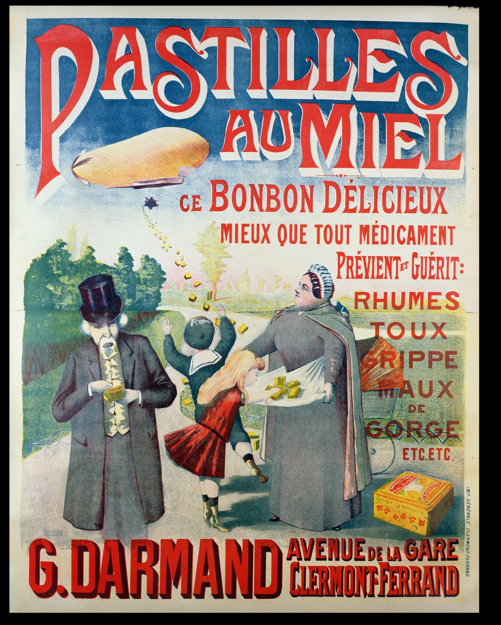 Plakatreklame Pastilles au Miel, honningpastiller, fremstillet af G. Darmand af French School