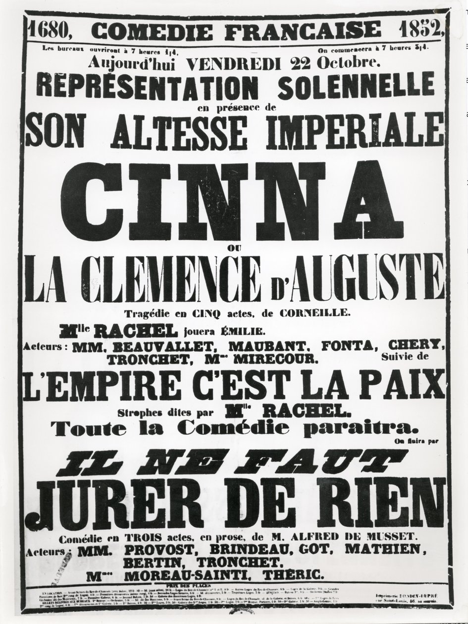 Plakat, der reklamerer for en forestilling på Comédie-Française den 22. oktober 1852 af Corneilles tragedie, Cinna, efterfulgt af en recitation af digtet LEmpire Cest La Paix og en forestilling af Alfred de Musse af French School