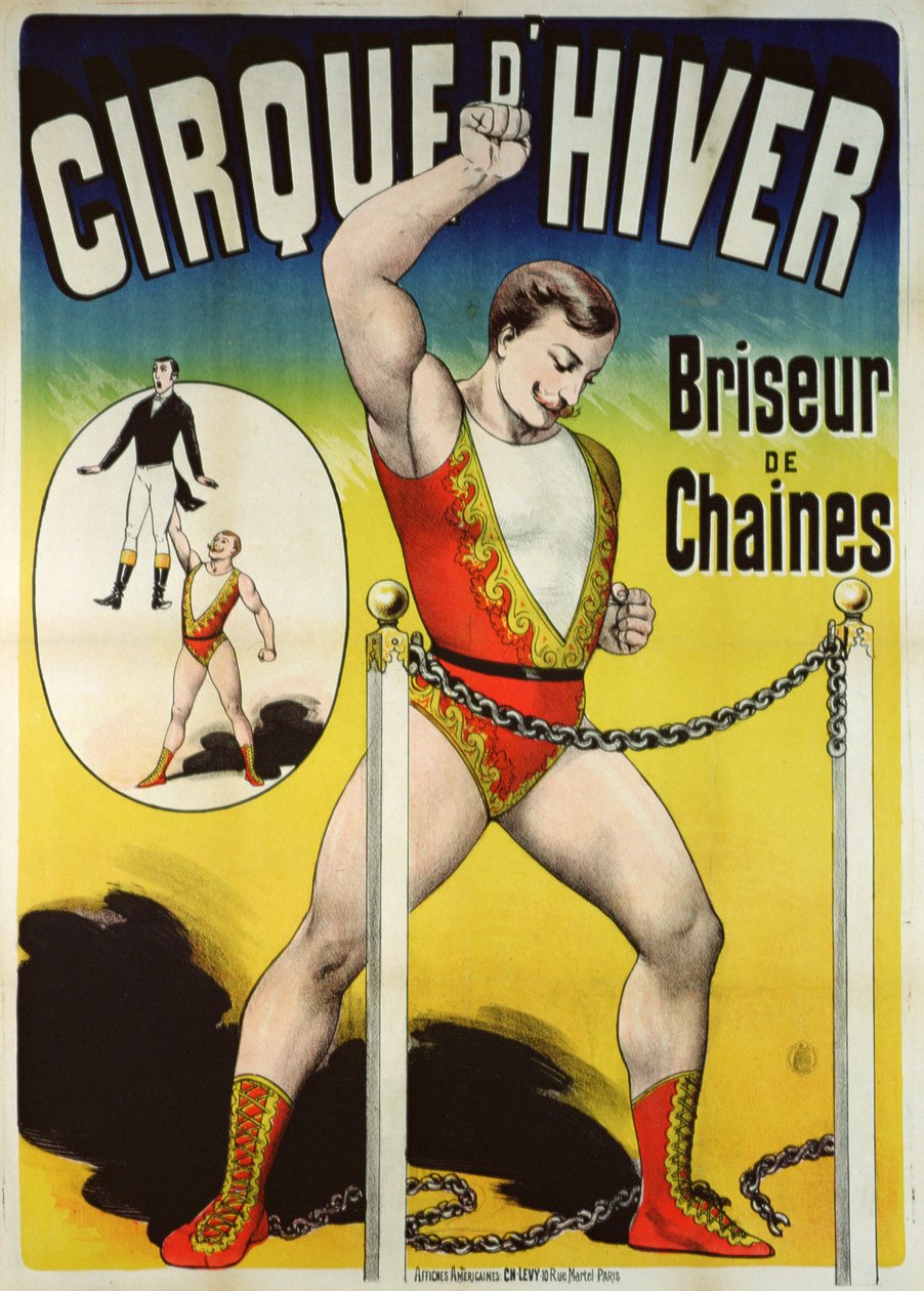Plakat, der reklamerer for en stærk mand på Cirque dHiver af French School
