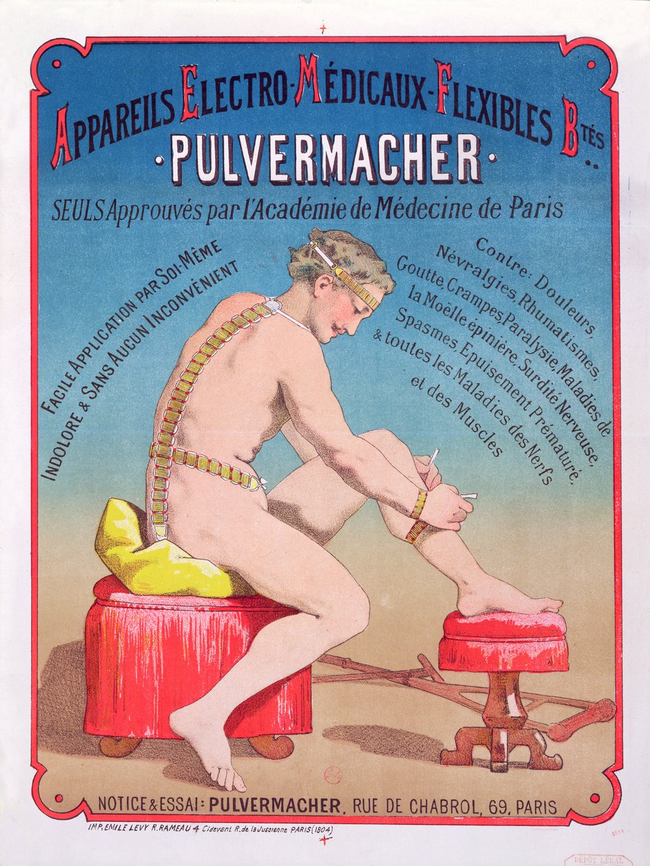 Plakat, der reklamerer for en elektromedicinsk kropsmassage- og stimulationsmaskine Pulvermacher, 1884 af French School