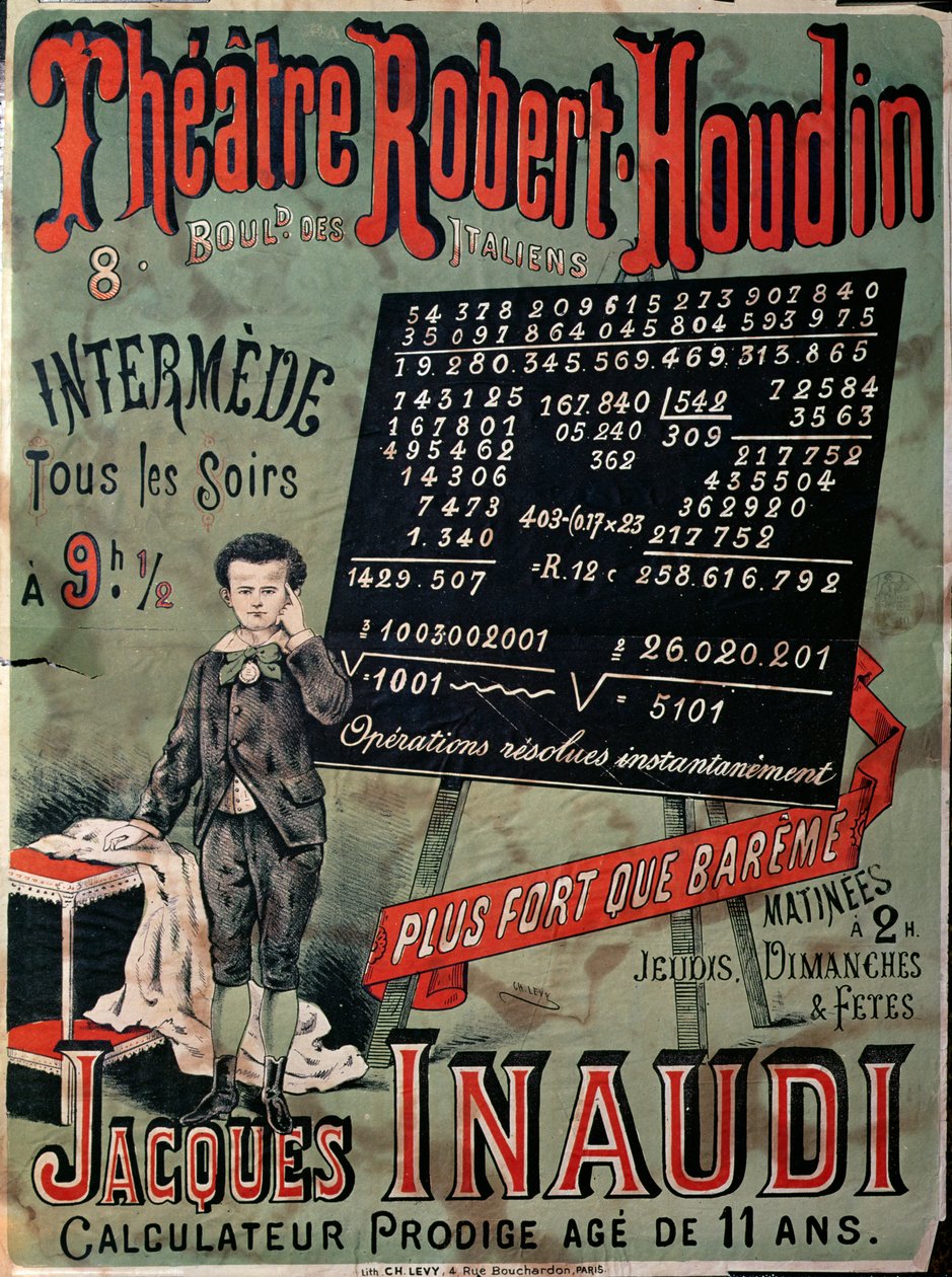 Plakat, der reklamerer for en optræden af Jacques Inaudi (1867-1939) på Theatre Robert Houdin, Paris, 1878 af French School
