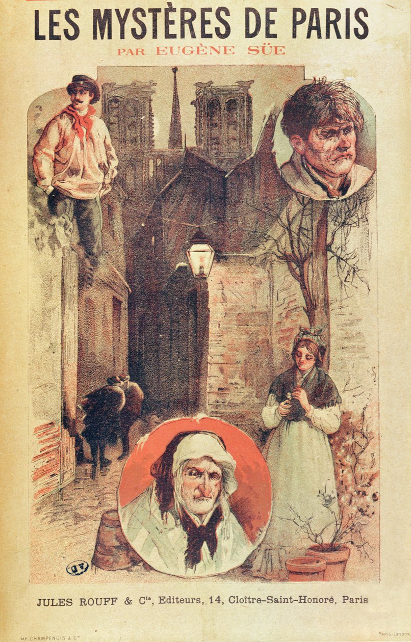 Plakatreklame les Mysteres de Paris af Eugene Sue (1804-57) udgivet i rater af Editions Jules Rouff, slutningen af det 19. århundrede af French School