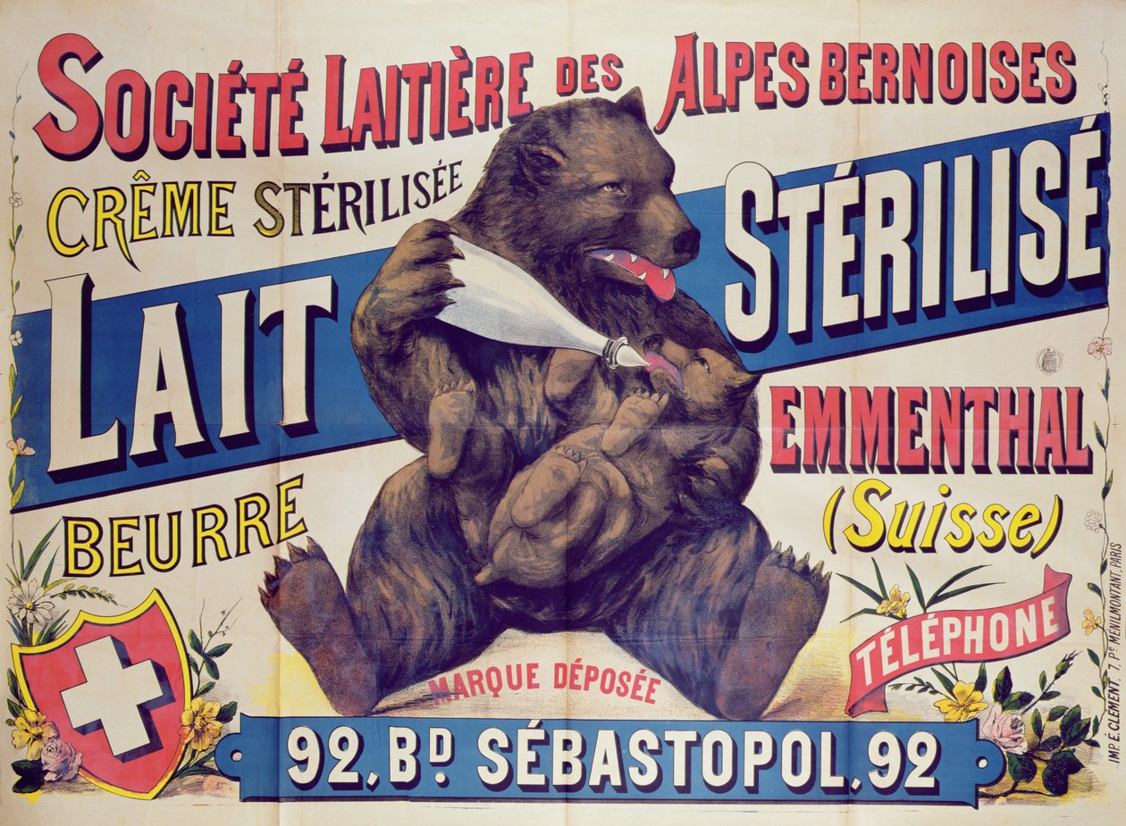 Plakat, der reklamerer for steriliseret mælk, smør og emmentalerost fra Societe Laitiere des Alpes Bernoises, 1895-1900 af French School
