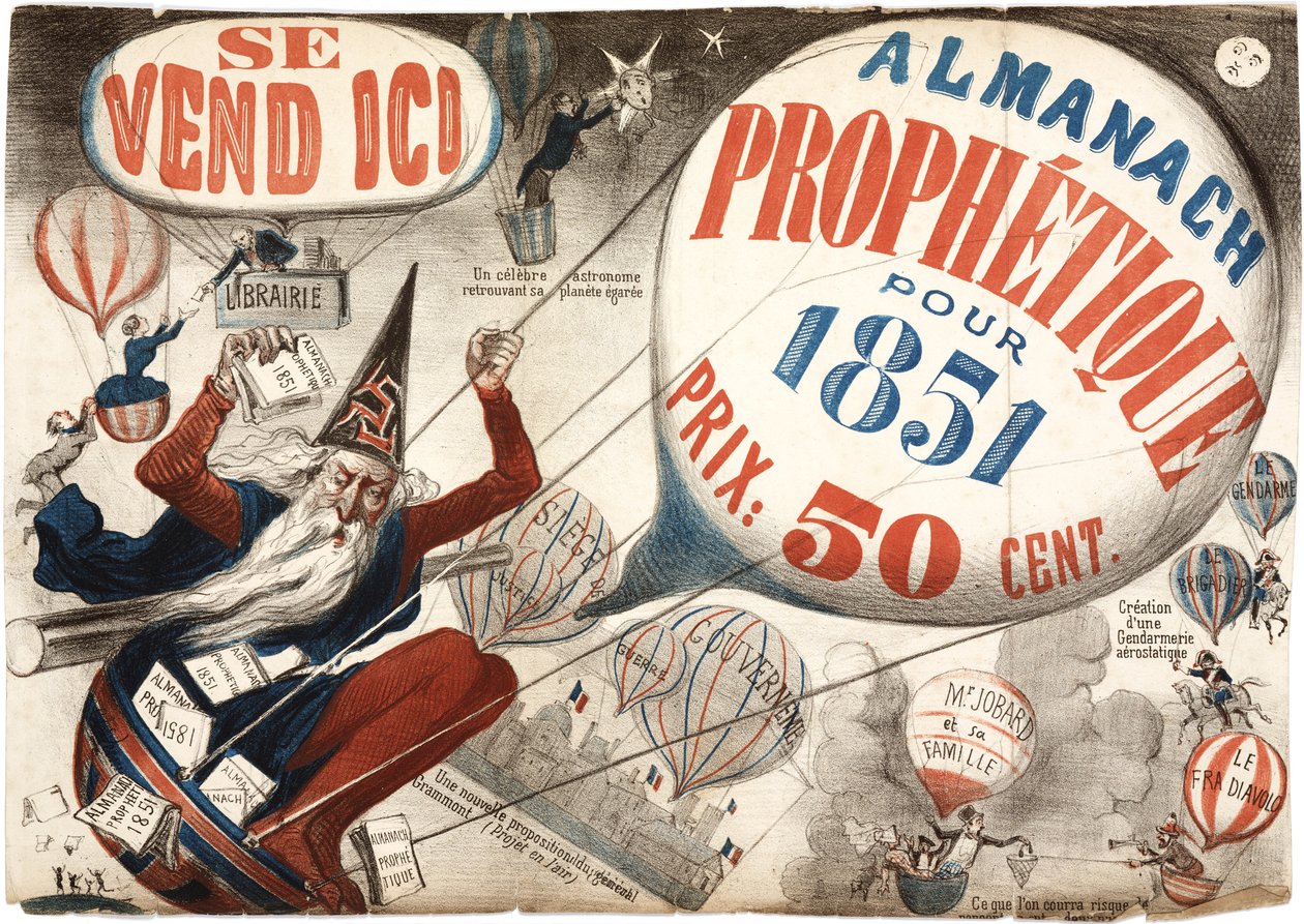 Plakat, der reklamerer for Almanach Prophetique, 1851 af French School