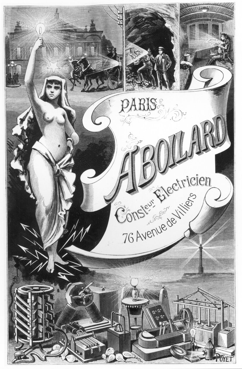 Plakat med reklame for elektricitetsfeen og de forskellige anvendelser af elektricitet, slutningen af det 19. århundrede af French School