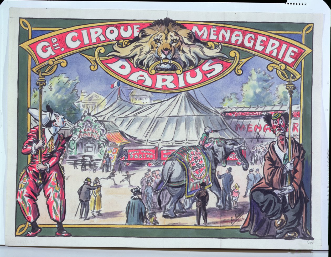 Plakat, der reklamerer for Grand Cirque Menagerie Darius, 1924 (wc på papir) af French School