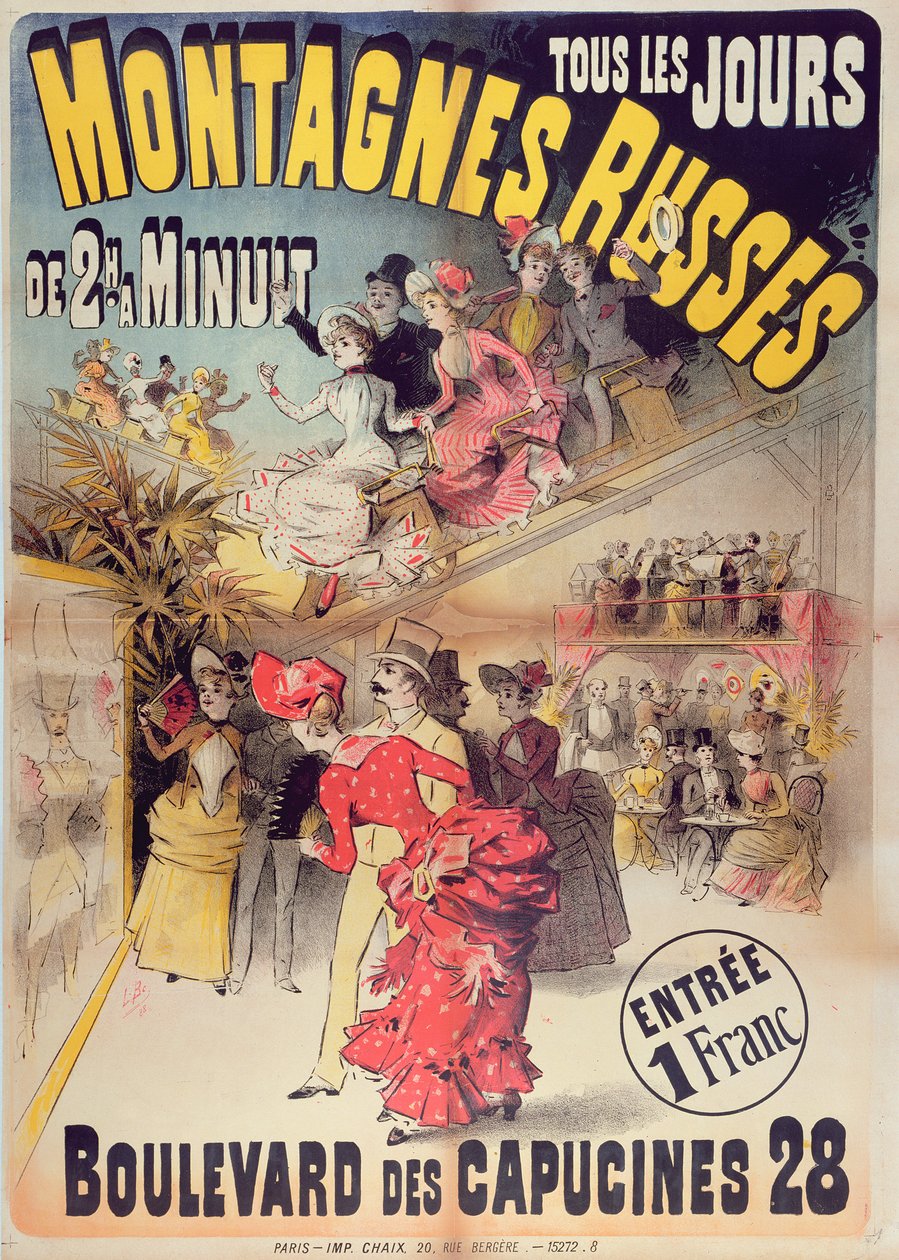 Plakat, der reklamerer for Montagnes Russes-rutschebanen i Boulevard des Capucines, Paris, 1888 af French School