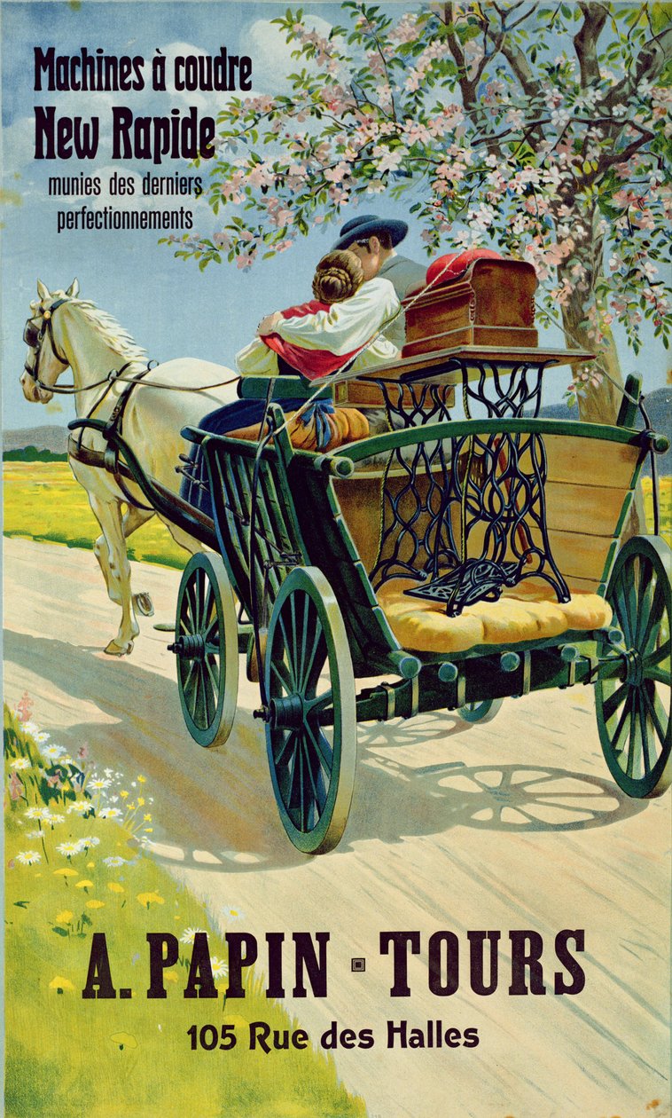 Plakat, der reklamerer for de nye Rapide-symaskiner, A. Papin Tours, 10 rue des Halles af French School