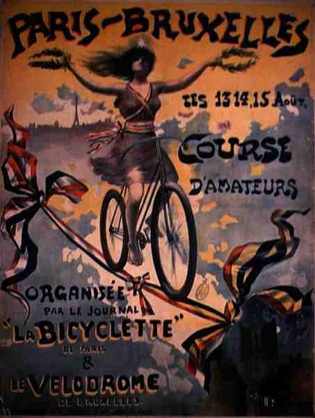 Plakat med reklame for cykelløbet Paris-Bruxelles for amatører (litografi i farver) af French School