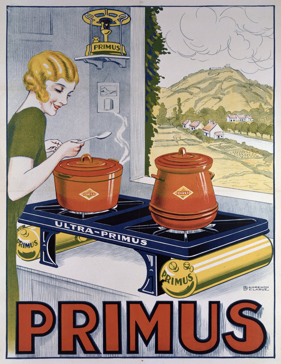 Plakat, der reklamerer for Primus kogepladen, trykt af Dampenon & Elarue af French School