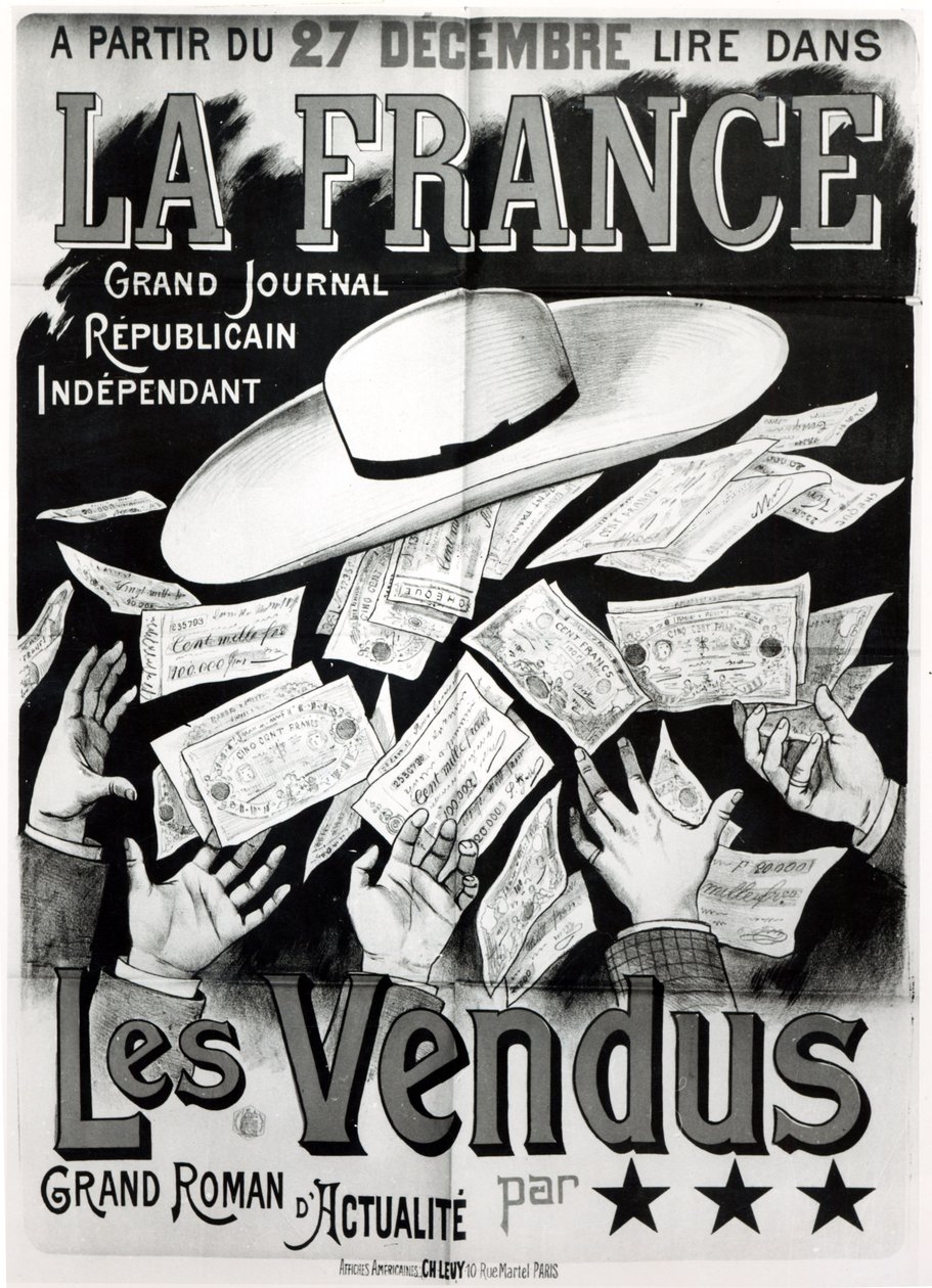 Plakat, der reklamerer for romanen Les Vendus, der omhandler Panama-affæren, ca. 1892-95 af French School