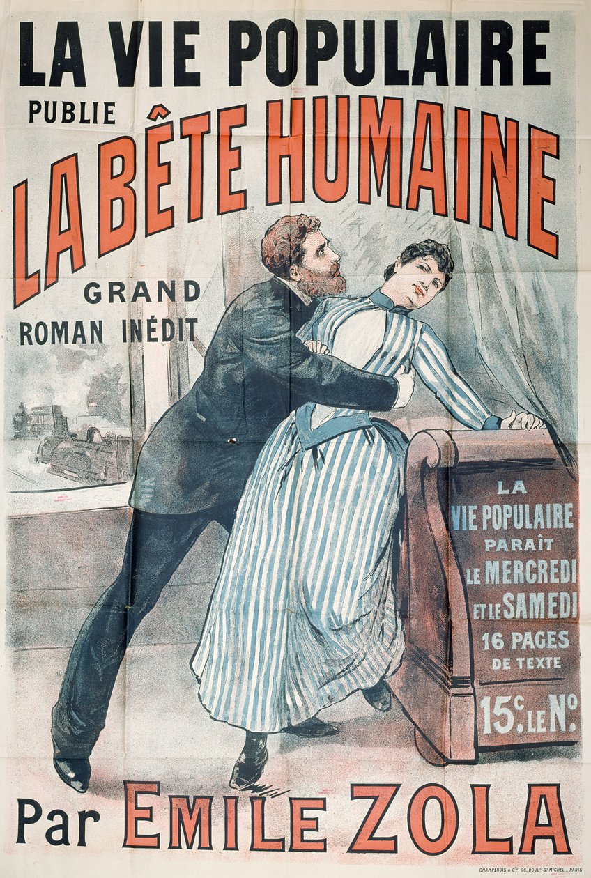 Plakat, der reklamerer for udgivelsen af ​​La Bete Humaine af Emile Zola (1840-1902) i La Vie Populaire, ca. 1890 af French School