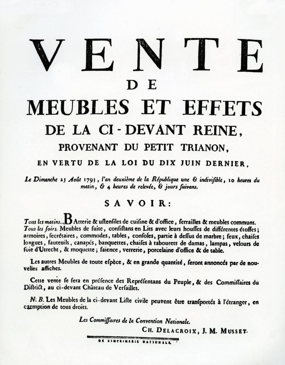 Plakat, der annoncerer for salg af Marie-Antoinettes møbler og effekter den 25. august af French School
