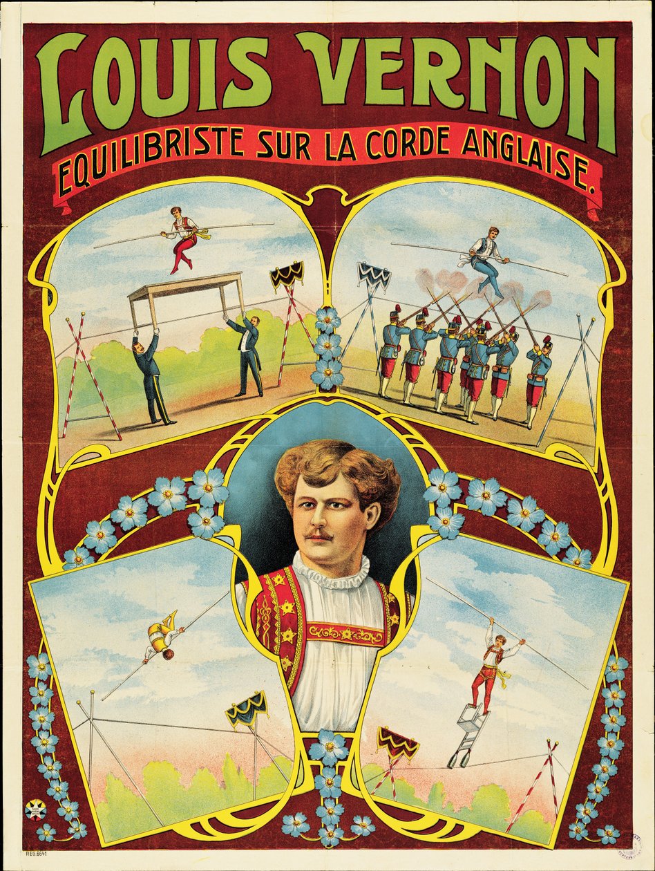 Plakat, der reklamerer for tightrope walking performances af Louis Vernon af French School