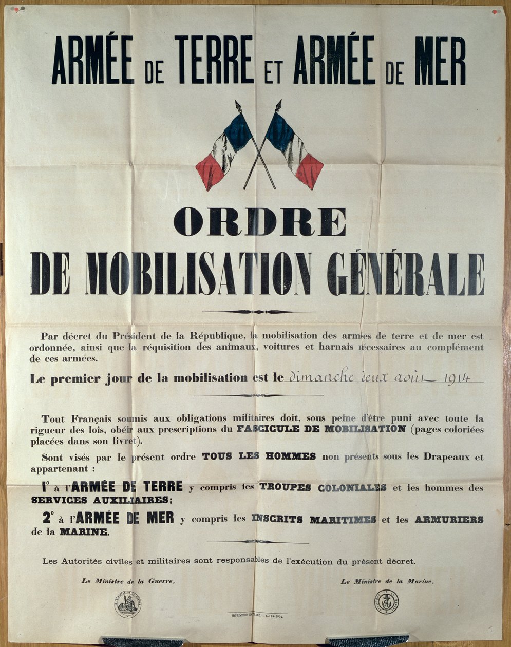 Plakat, der annoncerer generel mobilisering i Frankrig, 2. august 1914 af Ministere de la Guerre et de la Marine af French School