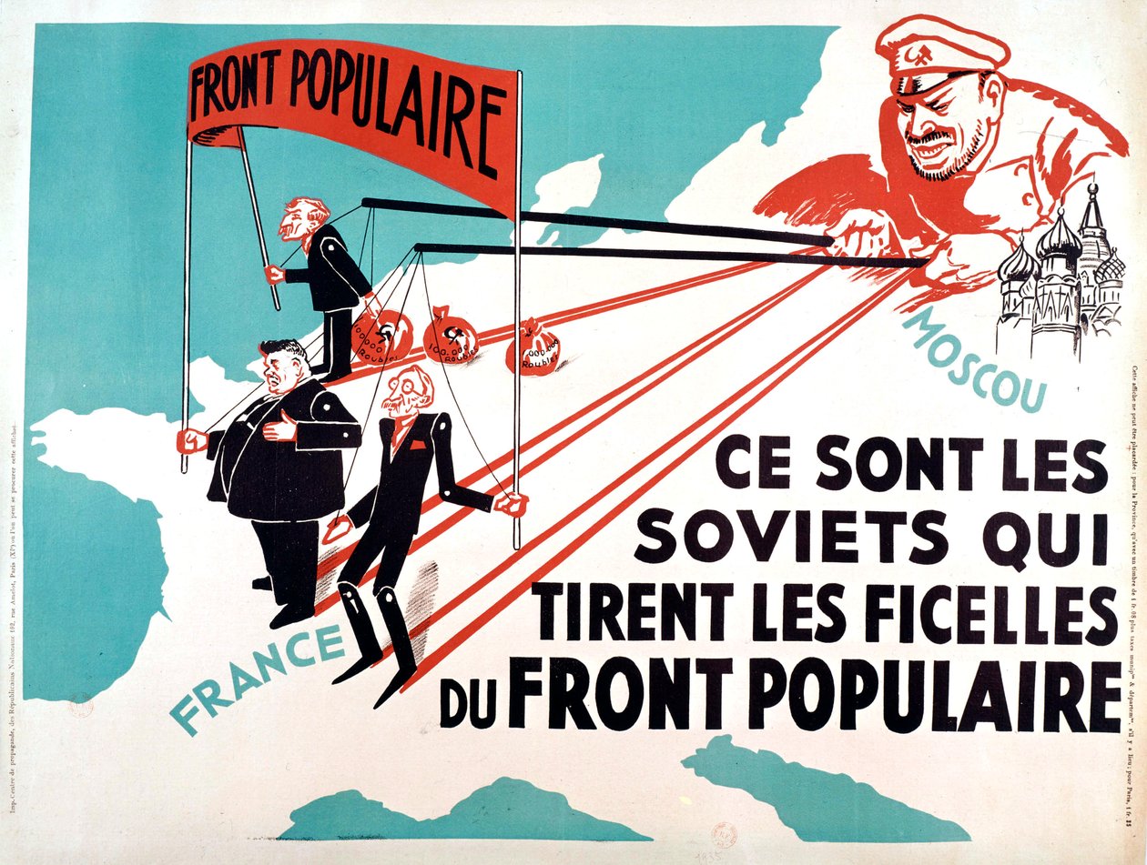 Plakat med Edouard Herriot og Leon Blum som marionetter i Moskva, ca. 1936 (plakat) af French School