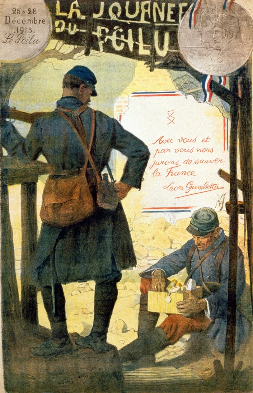 Plakat for “” La journée du poilu - 25 et 26 décembre 1915”” med citatet af Léon Gambetta “” Med dig og ved dig sværger vi at redde Frankrig””. (en behåret åbning æsken modtaget fra hans familie). af French School