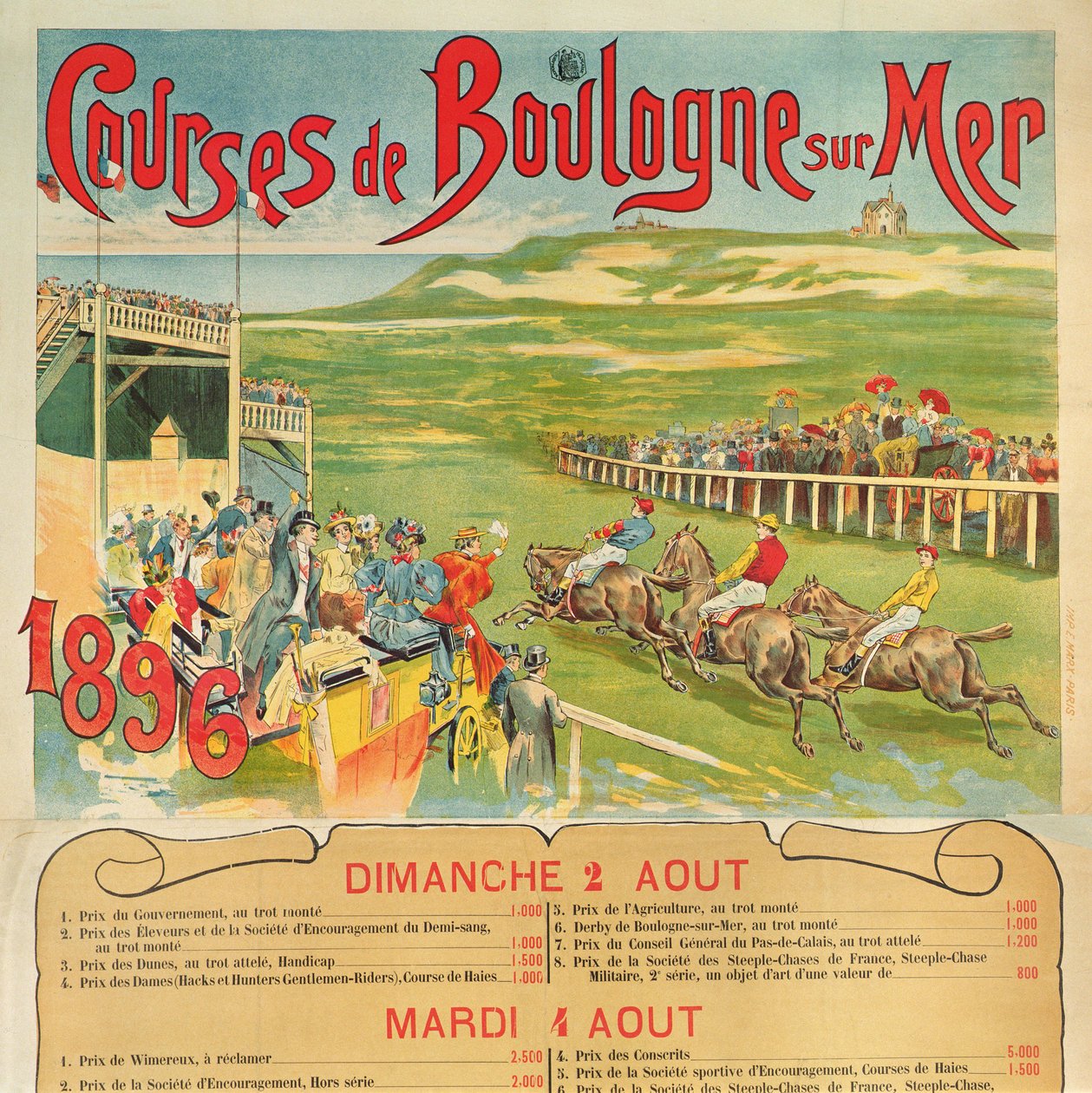 Poster for horse racing at Boulogne-sur-Mer, 1896 af French School