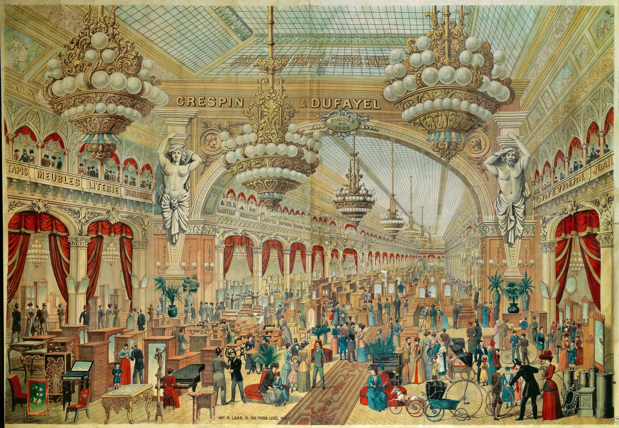 Plakat for butikker (eller gallerier) Crespin Dufayel på Boulevard Barbes i Paris. Paris fra det 19. århundrede. Dekorativ kunst af French School