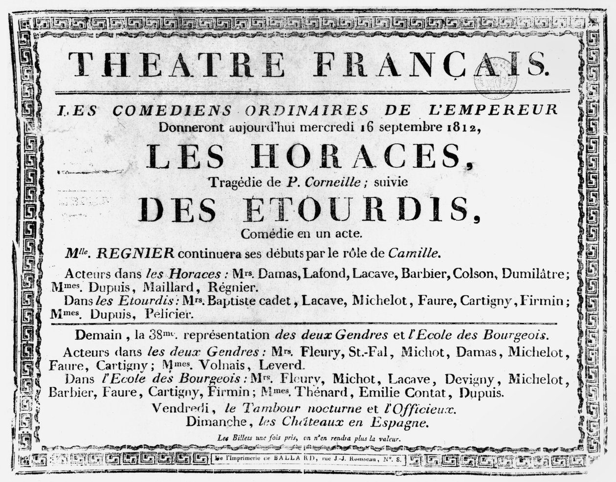 Plakat for opførelsen af Les Horaces af Pierre Corneille (1606-84) på Theatre Francais i Paris, 1812 af French School