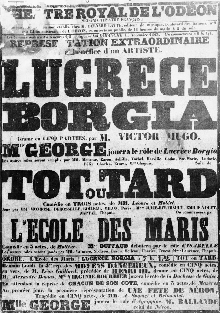 Plakat for opførelsen af Lucretia Borgia ved Odeon, 1843 af French School