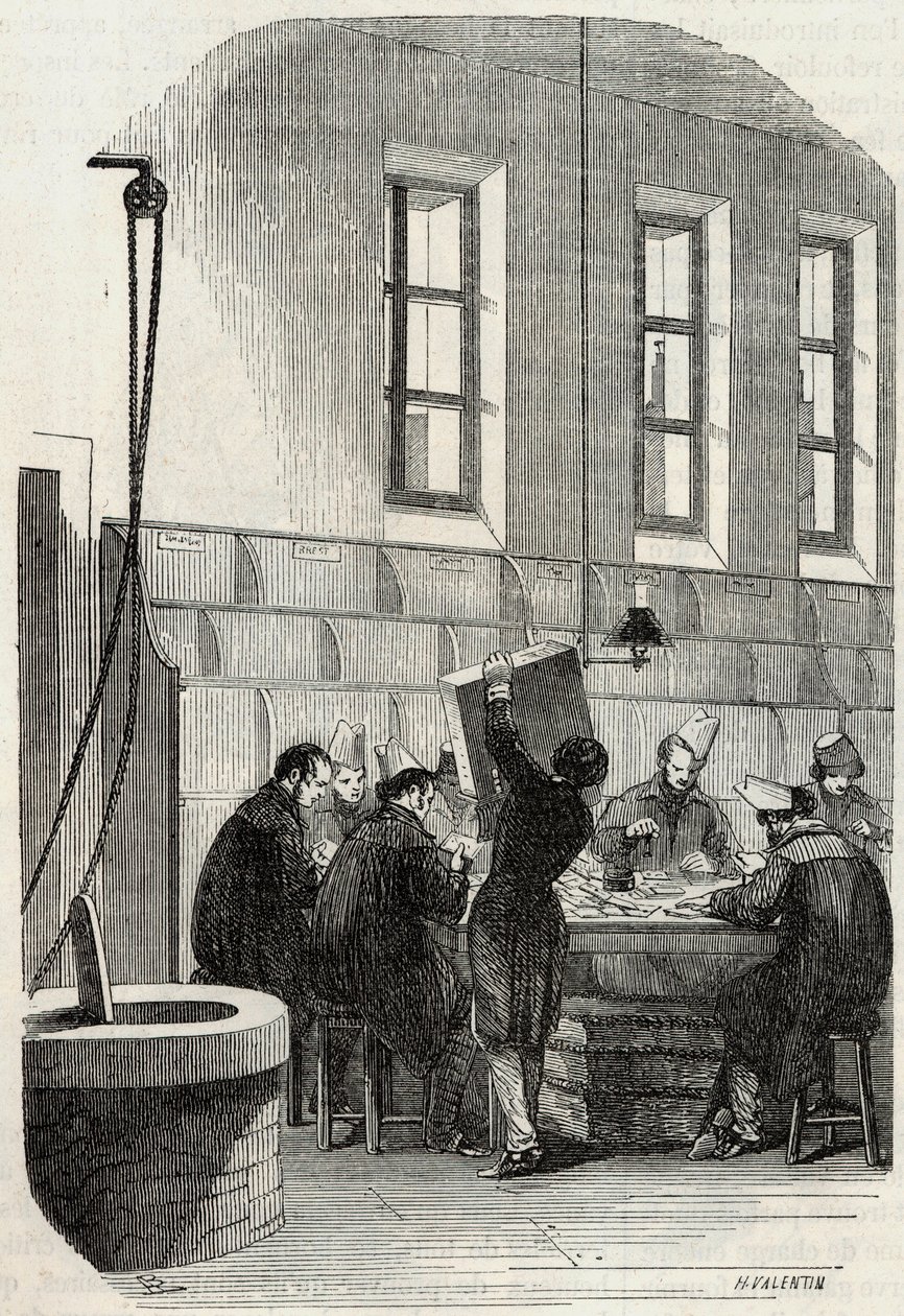 Indlæg: Sortering af breve til afdelinger og i udlandet - Indgravering i "Tableau-de-Paris" af Edmond Texier 1852 af French School