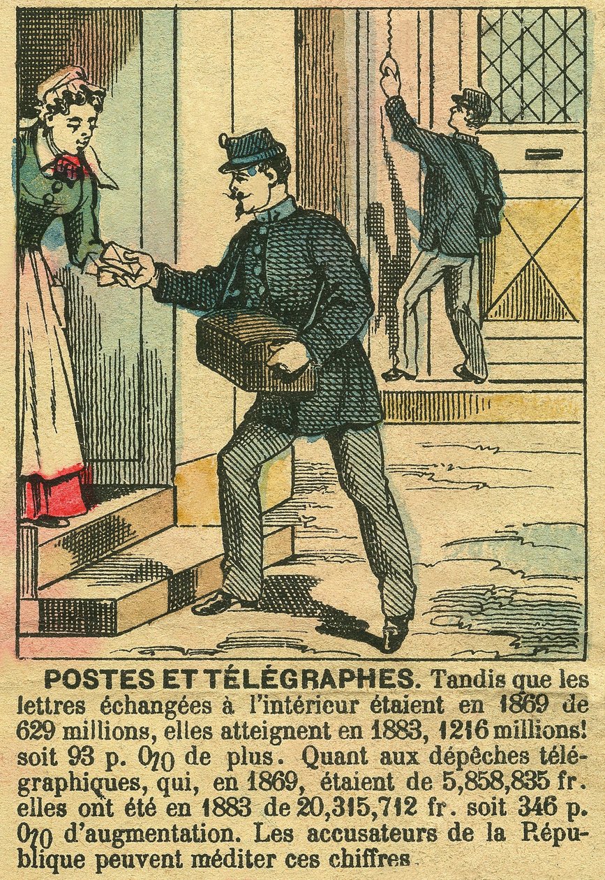 Poster og telegrafer, der illustrerer den gode funktion af telekommunikation og postvæsen takket være republikken. Gravering, i "" Le Figaro, supplement"", den 30/03/1889, Paris. Saml. Selva. af French School