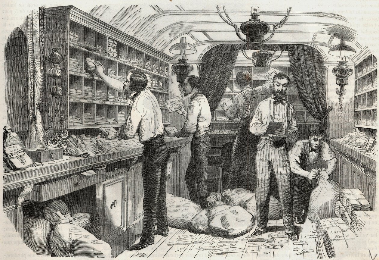 Indlæg: interiør af det mobile kontor - Indgravering i "Tableau-de-Paris" af Edmond Texier 1852 af French School