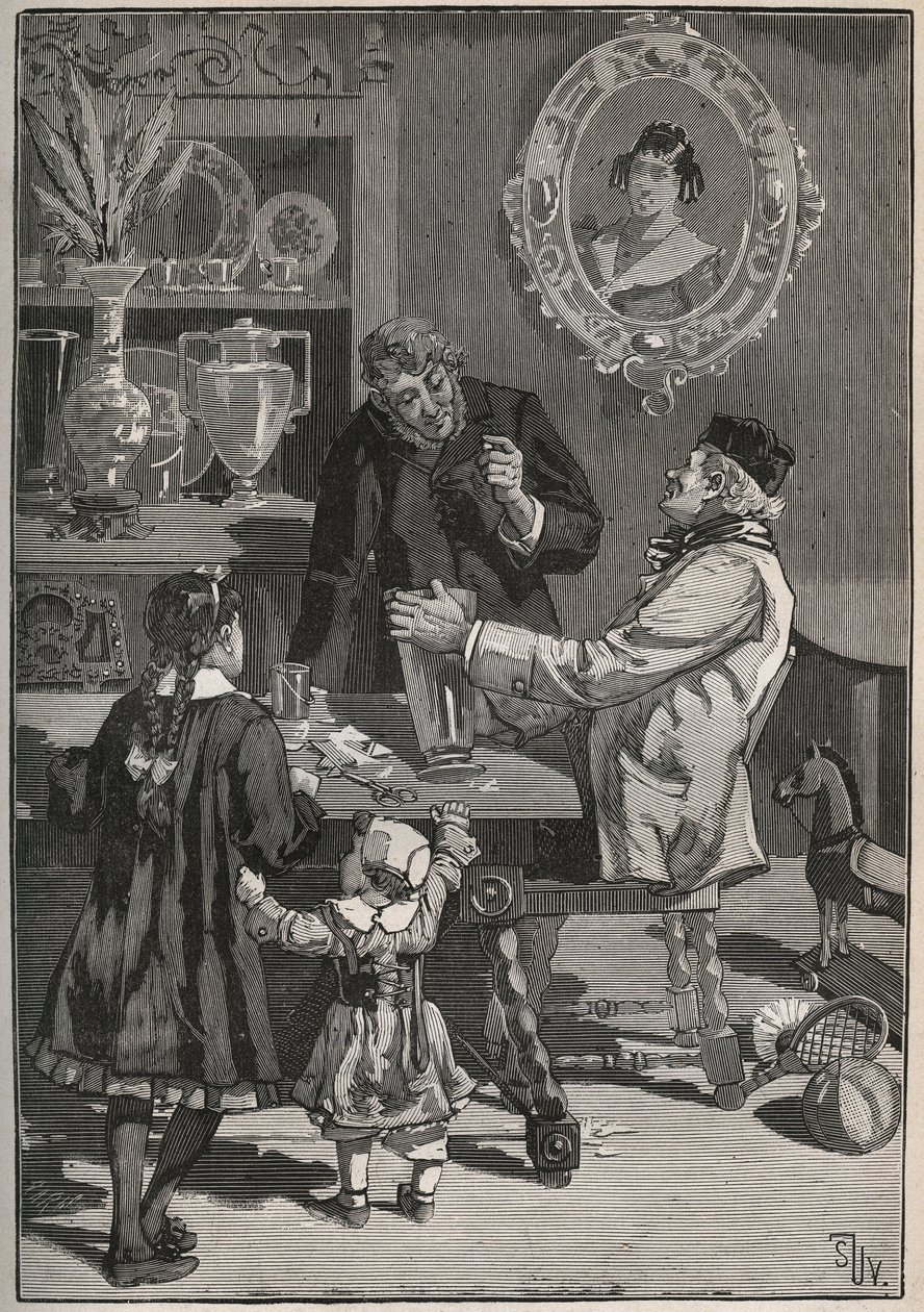 Potichomy, en proces fra det 19. århundrede til at efterligne porcelænsvaser fra Kina og Japan. Indgravering fra 1880 i "" Les arts et metiers illustres"" af Adolphe BITARD. af French School