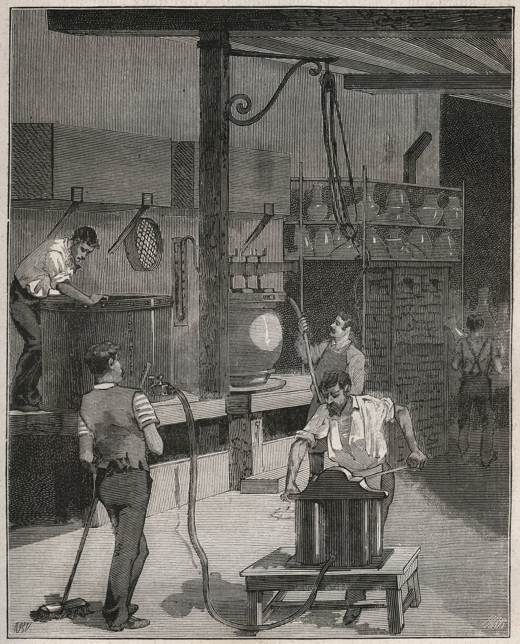 Keramik, Manufacture de Sevres: Vakuum- og trykluftstøbeværksted. Indgravering fra 1885 i "" Les arts et metiers illustres"" af Adolphe BITARD. af French School