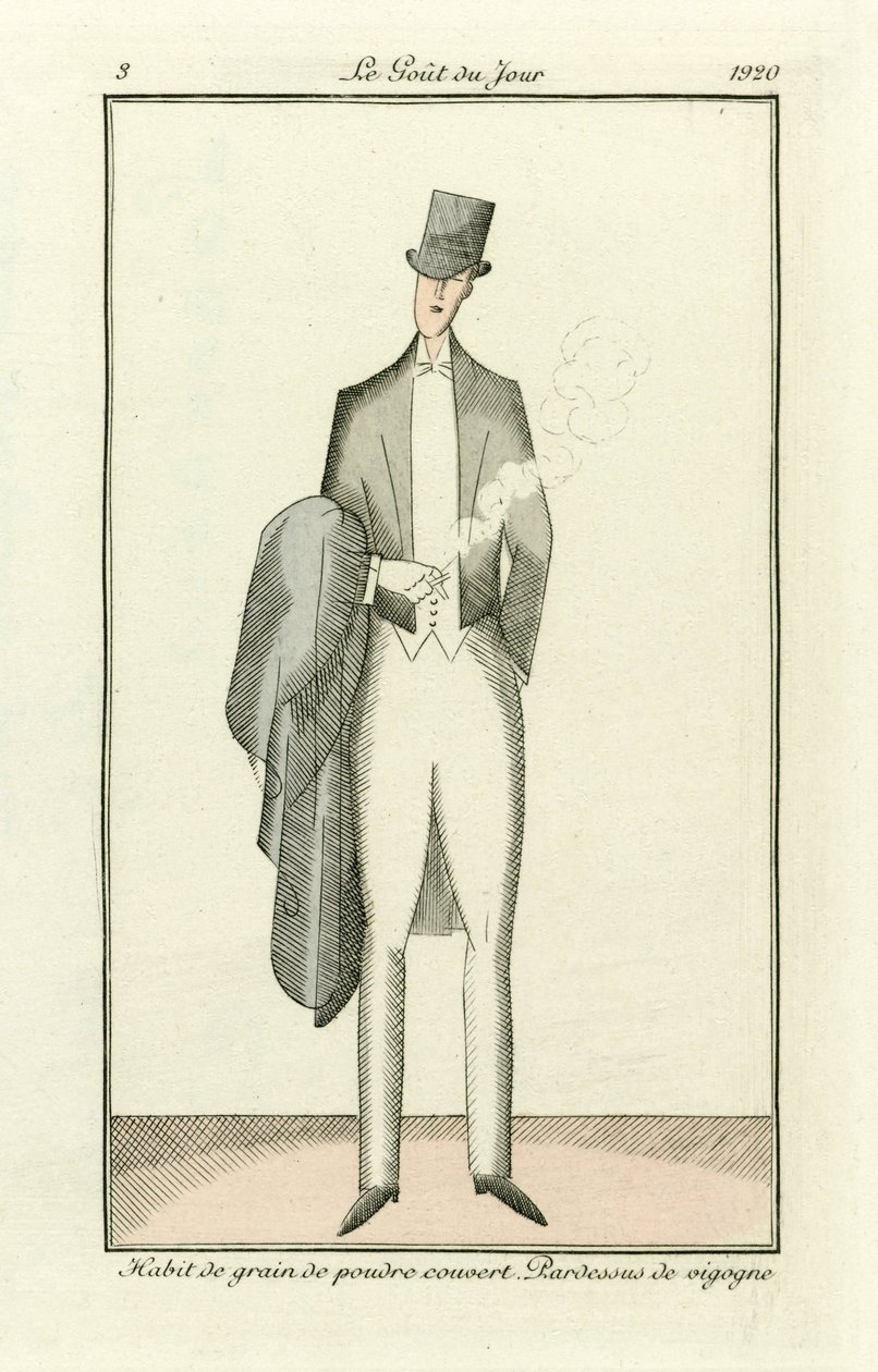 Pulveriseret kornhabit dækket. Vicuna-overfrakke fra Costumes Parisiens, pub.1912 (håndkoloreret kobberstik) af French School