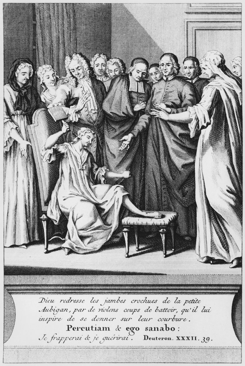 Øvelse af assistance og mirakuløs helbredelse af Aubigan, illustration fra La verite des miracles de M. de Paris... af Louis Basile Carre de Montgeron (1686-1754) 1737 af French School