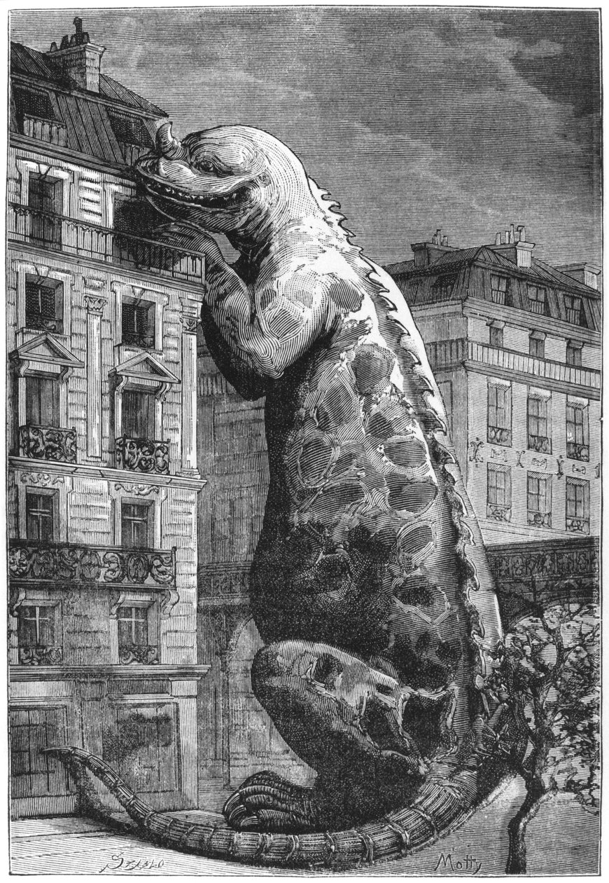 Forhistorisk monster i en moderne by, indgraveret af Motty (1800-tallet) illustration fra Le Monde Avant la Creation de l