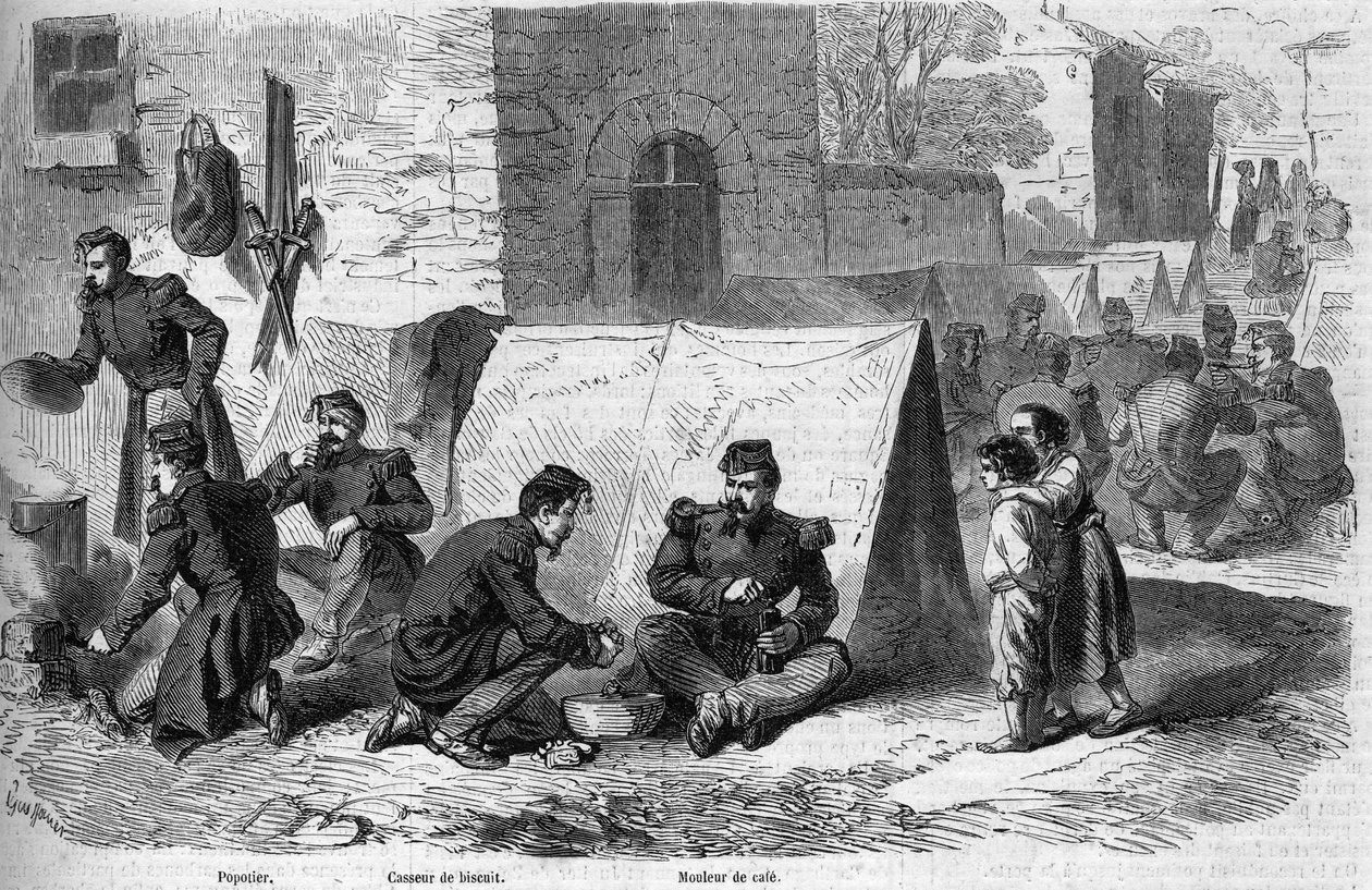 Forberedelse af "" popote"" (måltid) fra 1. regiment af grenaderer fra den franske imperiale garde under Risorgimento. Fra venstre mod højre: en "popotter", en "kikseknuser" og en "kaffemaskine". Cavriana, Italien af French School
