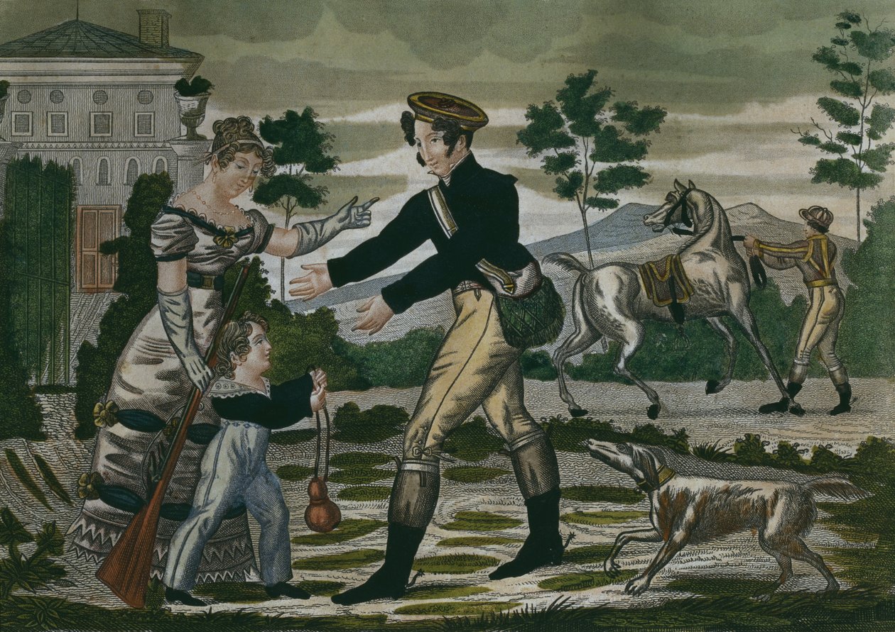 Forberedelse til jagten, plade 1, begyndelsen af det 19. århundrede (farvegravering) af French School