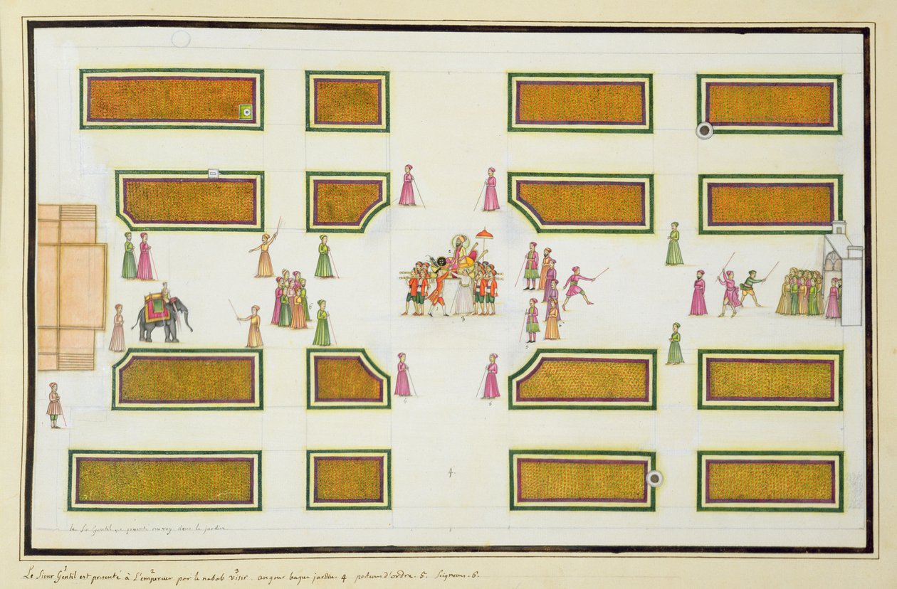 Præsentation af Gentil af Nawab Shuja ud-Daula til kejser Shah Alam i Angur Bagh fra The Gentil Album, udgivet i 1774 af French School