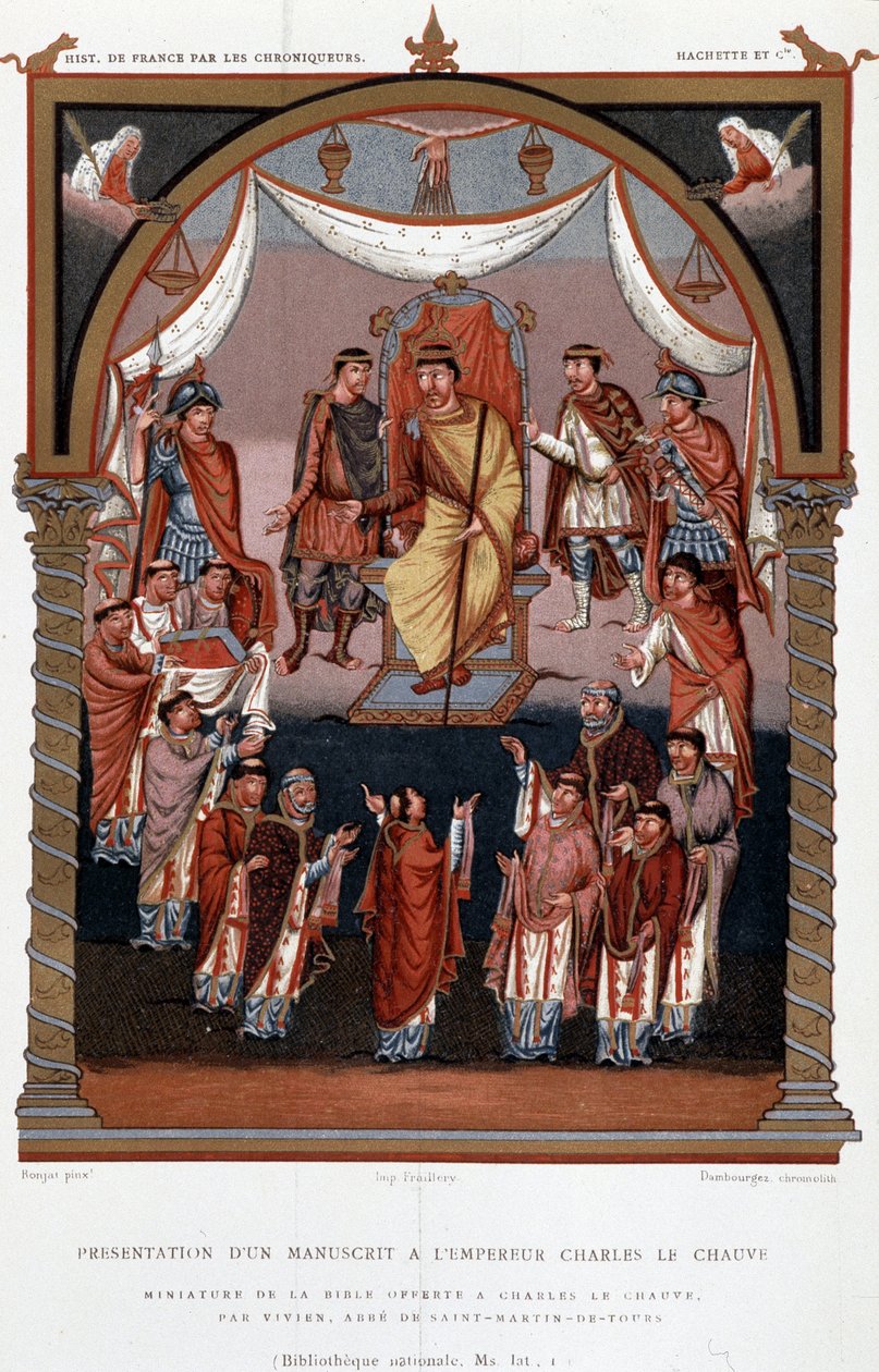 Præsentation af et manuskript til Karl den Skaldede, 9., "The Chroniclers of the History of France from the Origins to the 16th Century" af Mme de Witt, Paris af French School