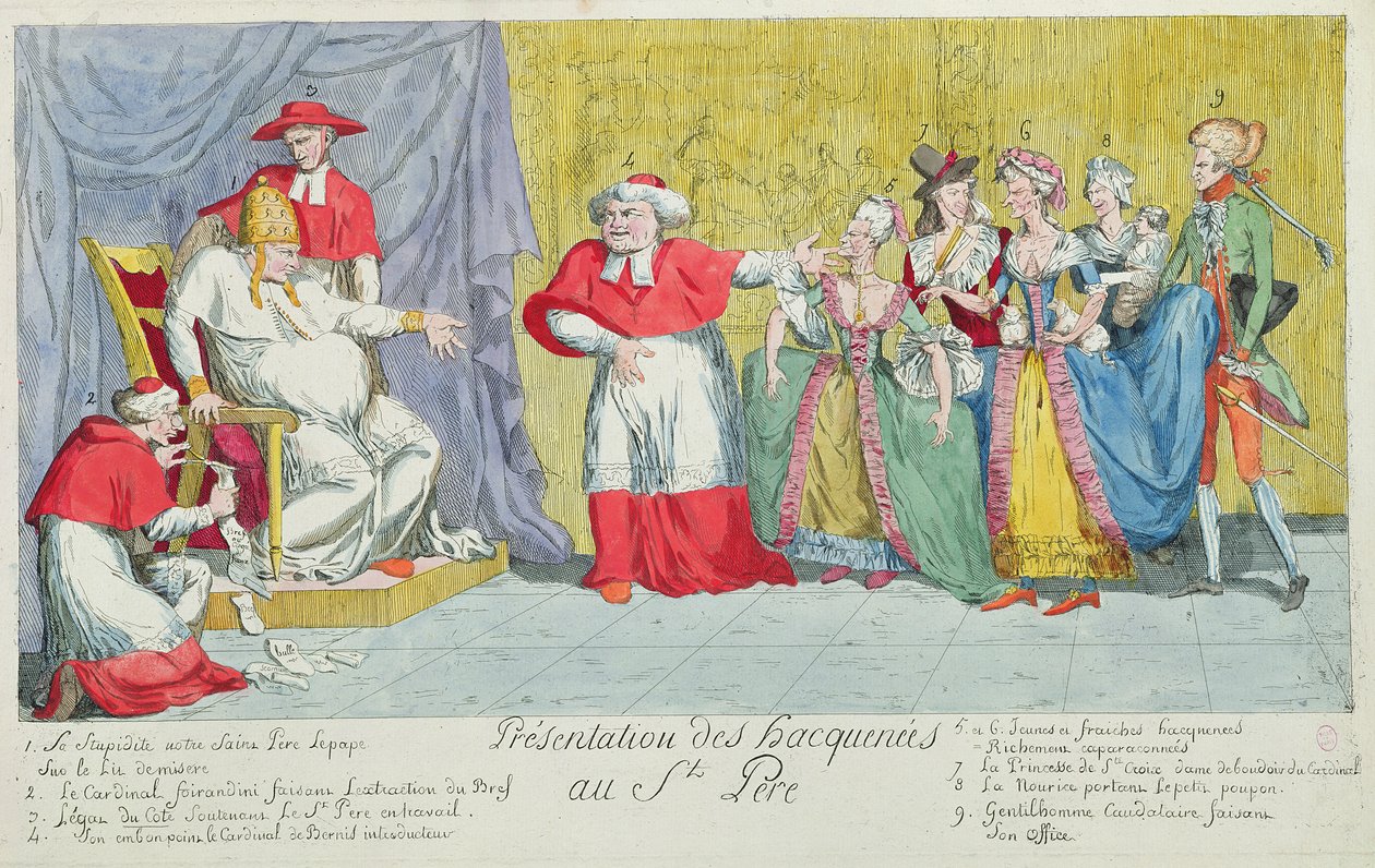 Præsentation af hopperne til den hellige fader, karikatur af introduktionen af Adelaide (1732-1800) og Victoire de France (1733-99) til paven, 17. april 1791 af French School