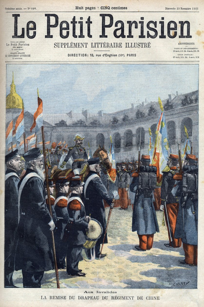 Præsentation af flaget for Kinas Regiment af general Faure Biguet (Faure-Biguet) til general Arnoux guvernør ved Invalides i Paris, i "Le petit Parisien"" 1901 (gravering) af French School