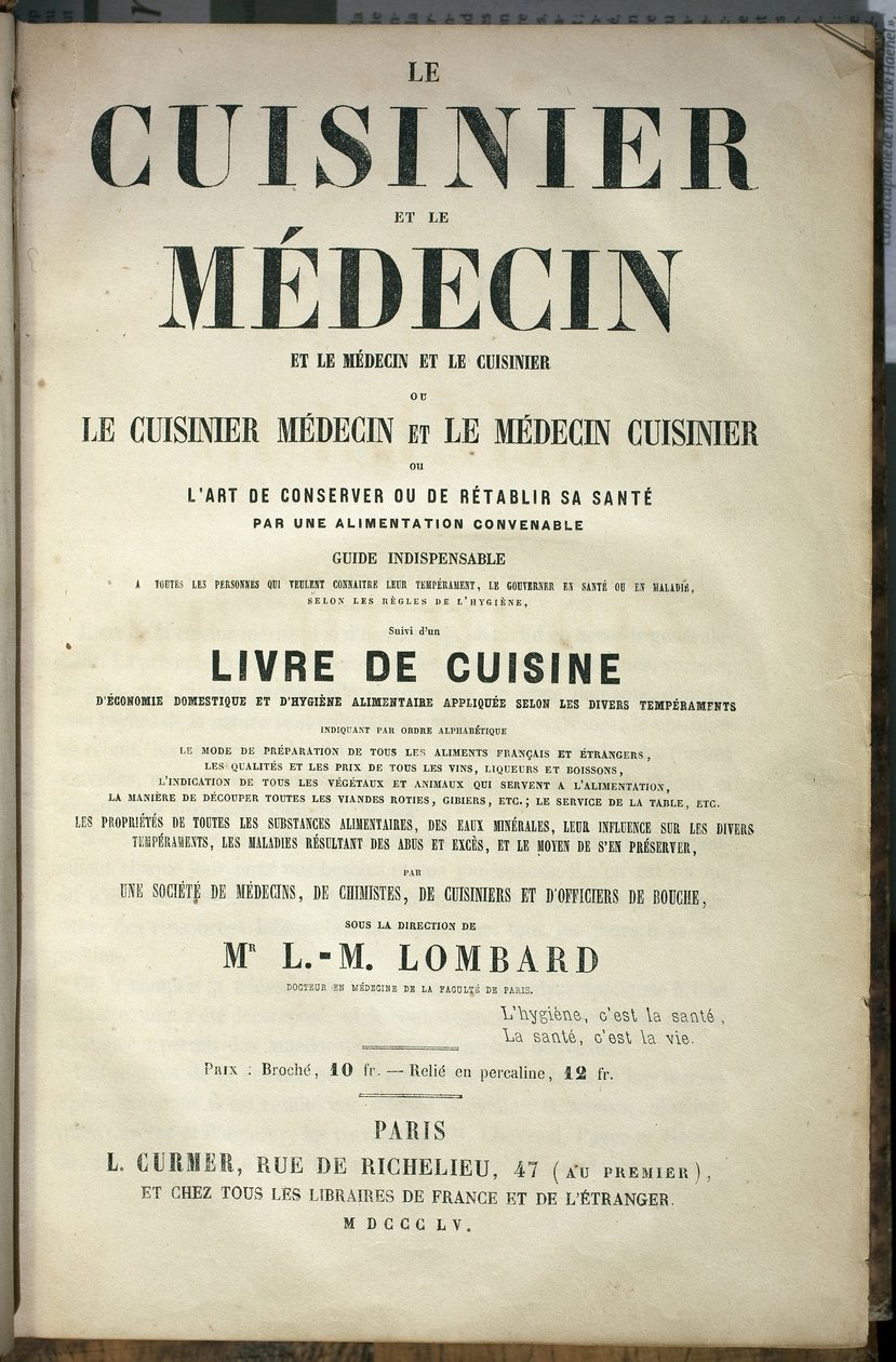 Præsentationsside af bogen "" Kokken og lægen, kunsten at bevare eller genoprette sit helbred ved en passende kost"", redigeret af L.M.Lombard, udgave L.Curmer af French School