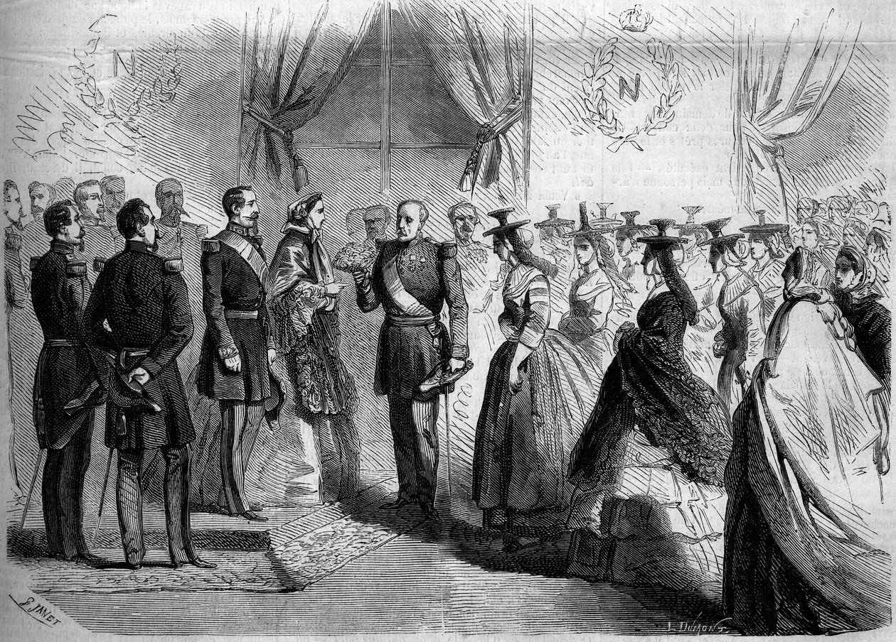 Præsentation for Napoleon III (1808-1873) og til imponen Eugenie (1826-1920) af tolv Maconnaiser i landdragt. Macon, Saone og Loire (71) af French School