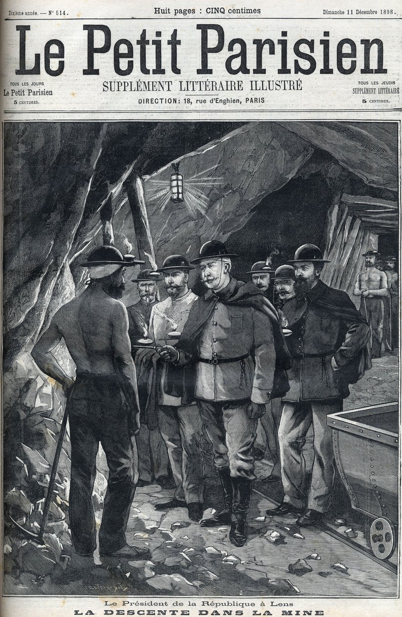 Præsidenten for den franske republik Felix Faure besøgte Lens-minerne i december 1898. Forside af avisen "" Le petit Parisien"". af French School