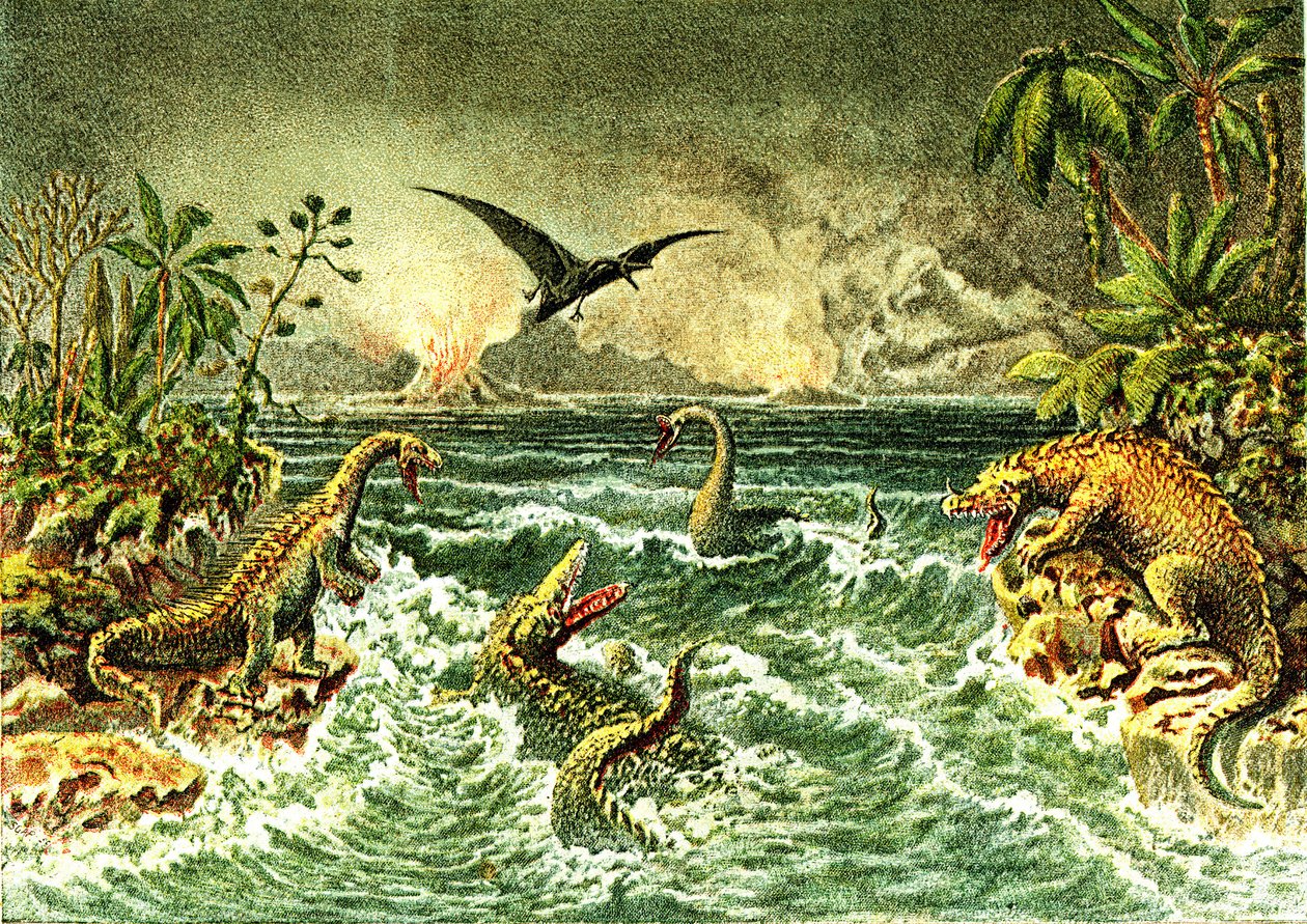 Primitiv verden (med dinosaurer) - sekundær forhistorieperiode af French School