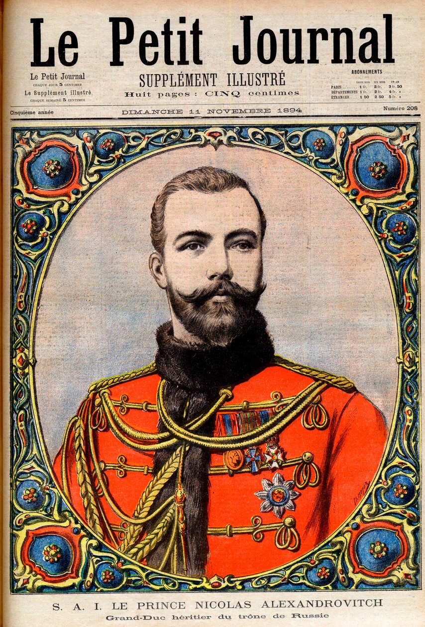 Prins Nicholas Alexandrovich, arving til den russiske trone (fremtidige kejser og zar Nicholas II) Prins Nicholas Alexandrovich, storhertug af tronen i Rusland. Illustration til Le Petit Journal af French School