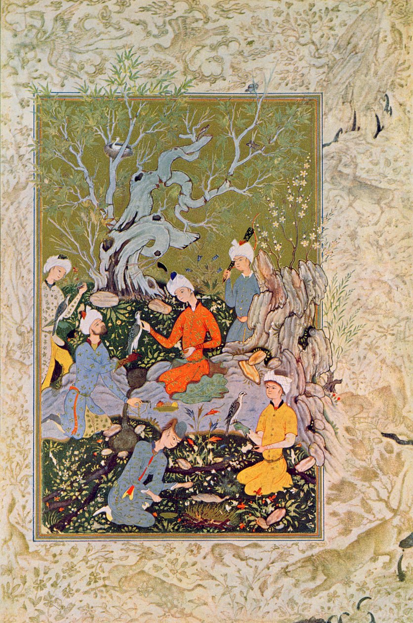 Prinsjagt med falke, Illustration til The Arabian Nights, 1895 (farvegravering) af French School