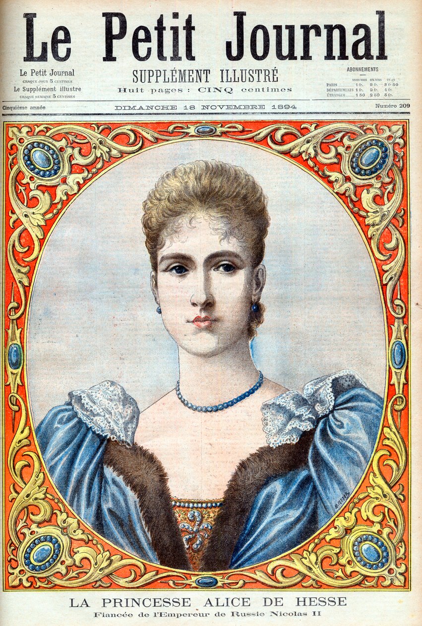Prinsesse Alix af Hessen (Alexandra Feodorovna) (Alexandra Feodorovna Romanov) forlovede til zar Nicholas II af Rusland. Prinsesse Alice af Hessen og Rhinen (1872-1918). Forlovede til den russiske kejser Nicholas II. Illustration til Le petit Journal af French School